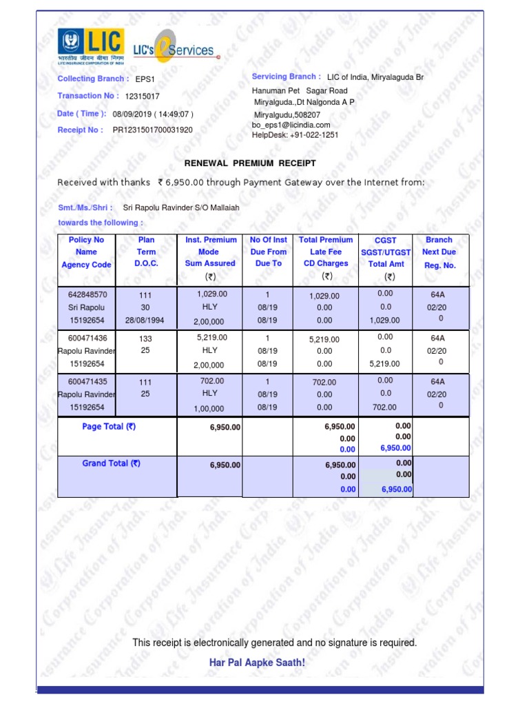 LIC Renewal Premium Receipt - Rapolu Ravinder | PDF | Service ...