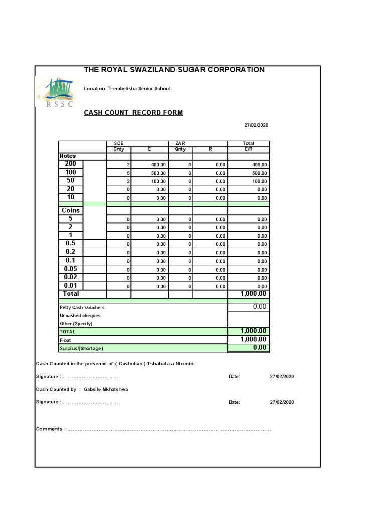 Copy of Cash Count Form PDF Money Financial Services