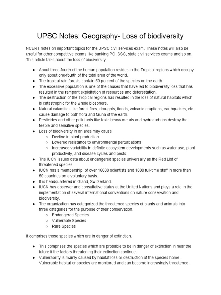 UPSC Notes GeographyLoss of Biodiversity PDF Habitat Destruction