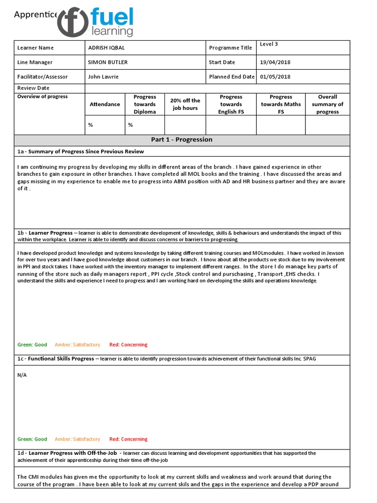 Progress Review Template PDF Apprenticeship Competence (Human