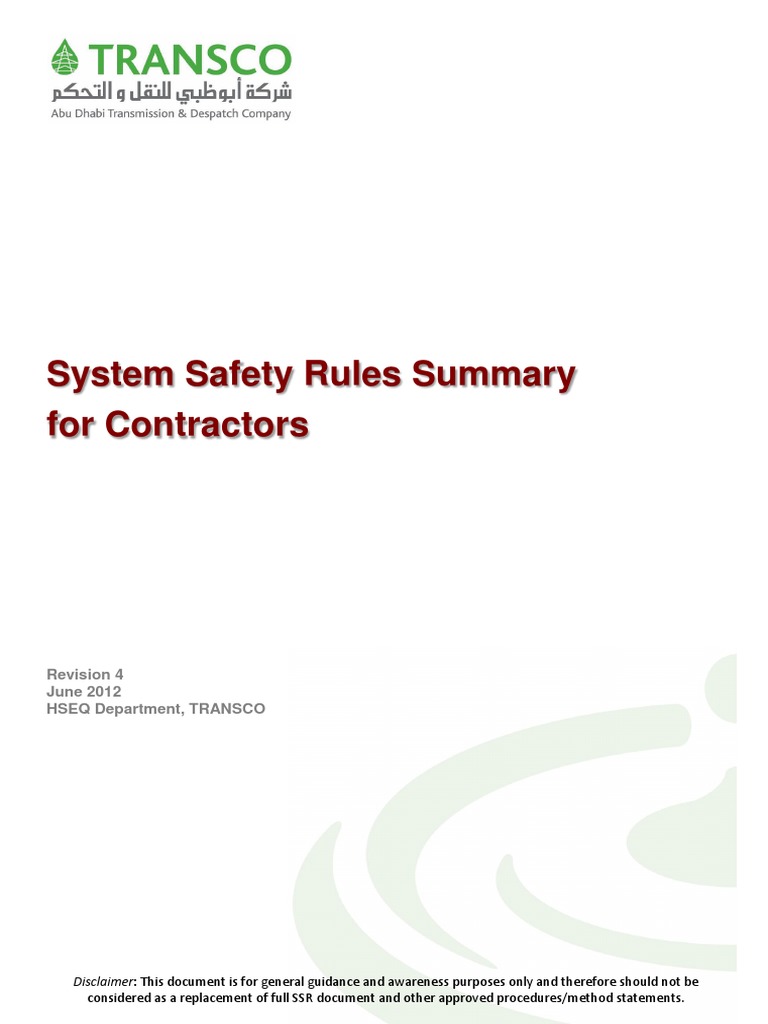 Transco System Safety Rules Summary For Contractors v4.1-301212 PDF ...