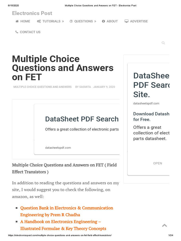 Multiple Choice Questions and Answers On FET Electronics Post PDF