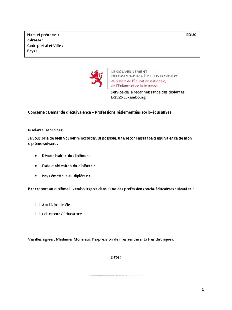 Demande D Equivalence De Diplome Nom Et Prenom Du