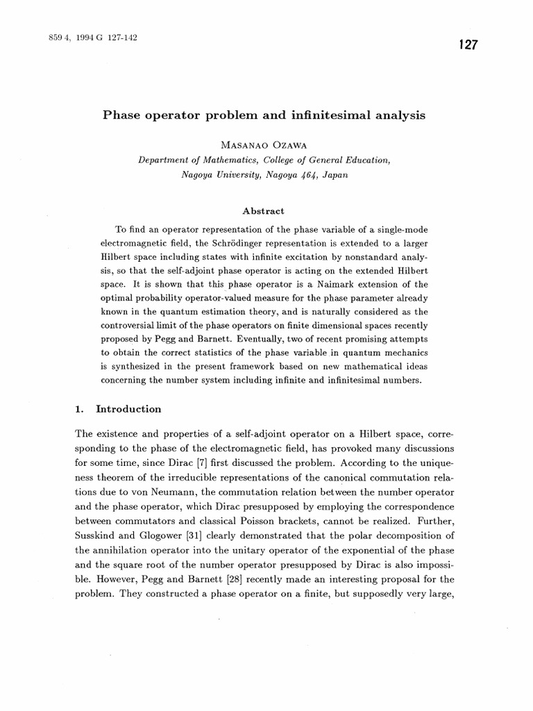 Phase Operator Problem and Infinitesimal Analysis | PDF | Hilbert Space ...
