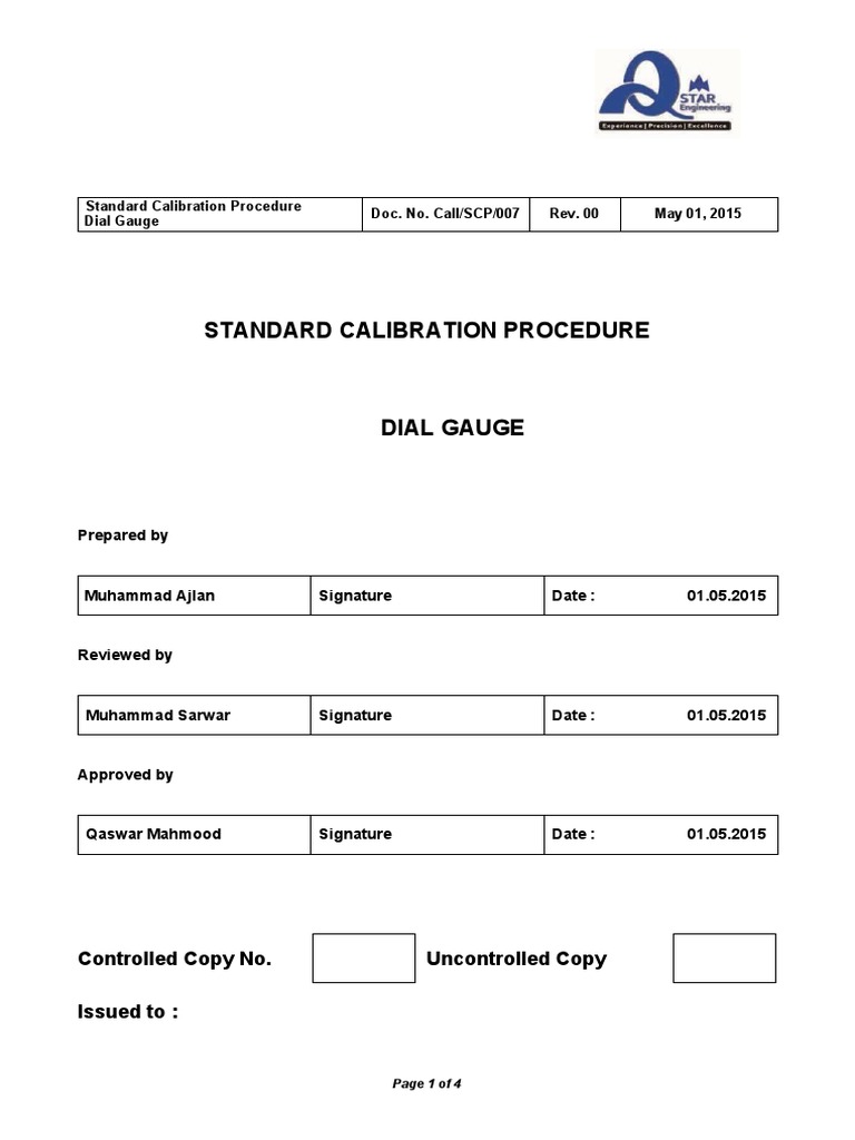 Standard Calibration Procedure Dial Gauge Doc. No. Call/SCP/007 Rev. 00