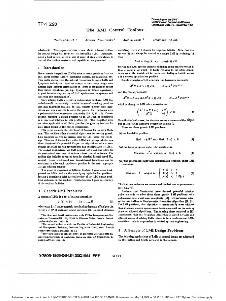 The LMI Control Toolbox | PDF | Matrix (Mathematics) | Mathematical ...