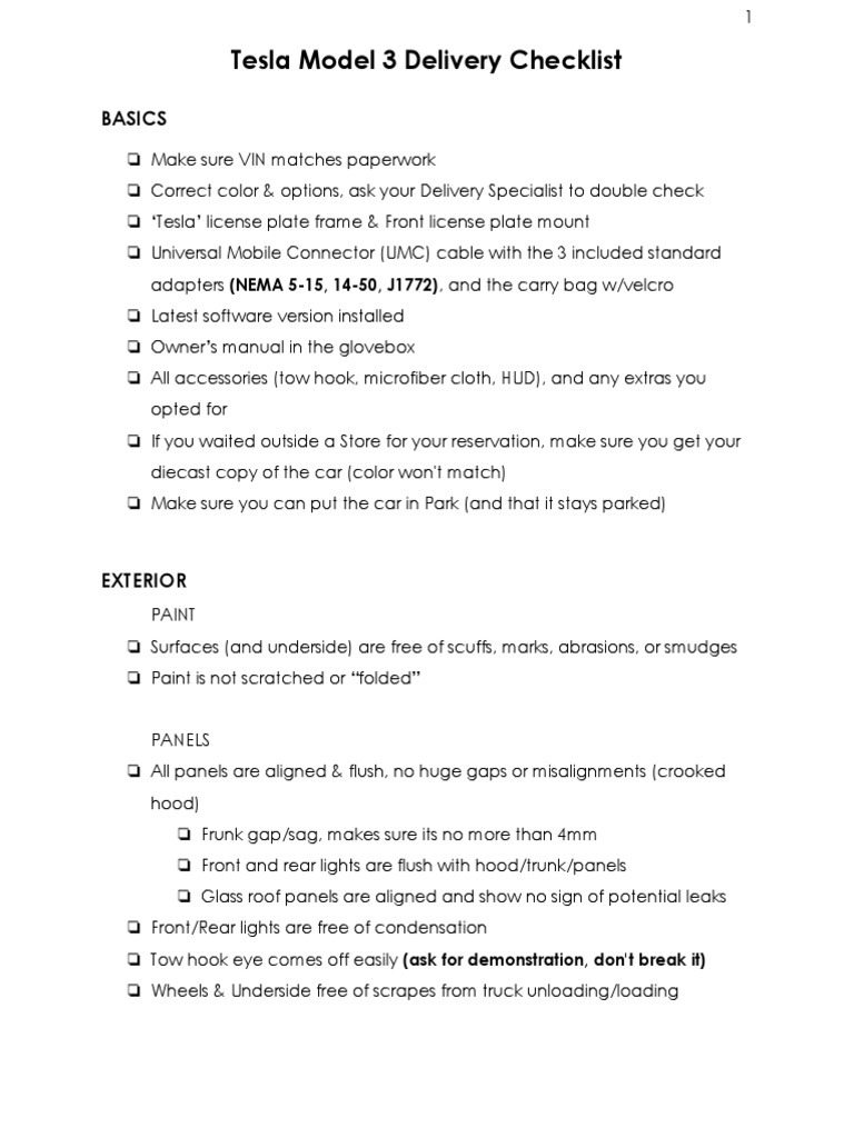Tesla model 3 checklist 2021 discount