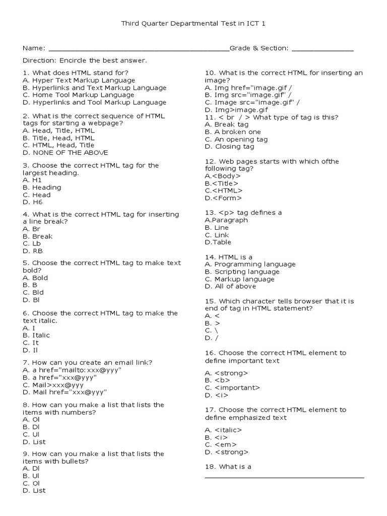 ICT HTML Test: Key Tag Questions | PDF | Html | Html Element