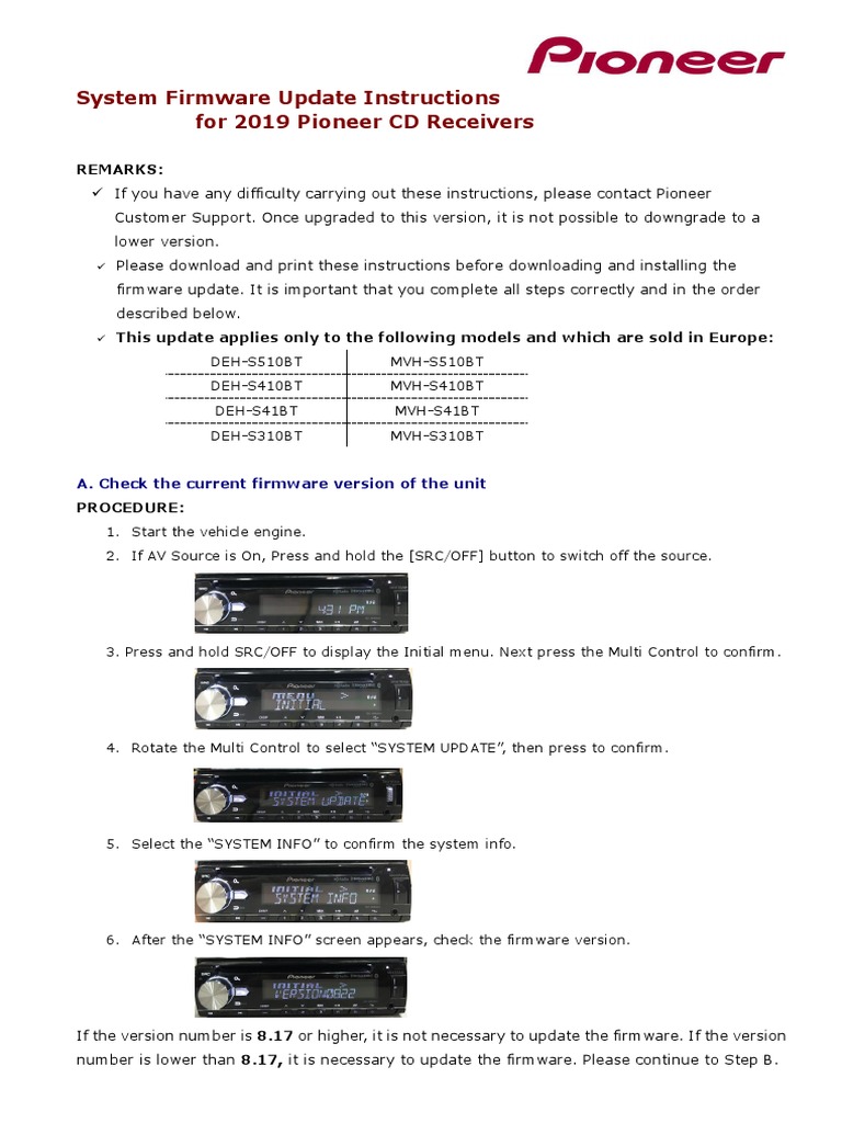 System Firmware Update Instructions For 2019 Pioneer CD Receivers | PDF ...