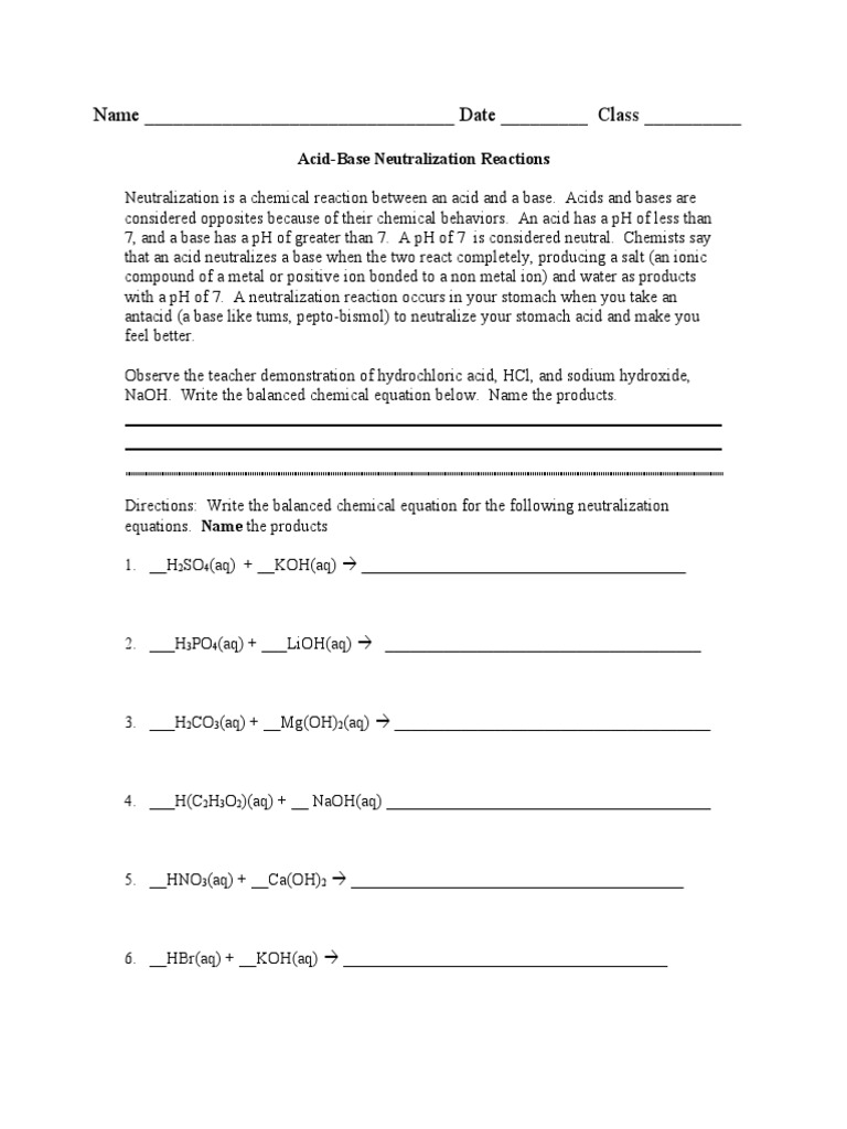 Acid-Base Neutralization Reactions Guide | PDF