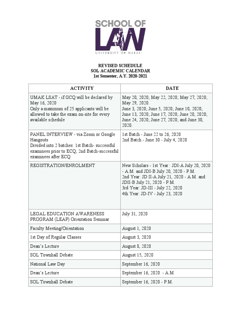 Activity Date Revised Schedule Sol Academic Calendar 1st Semester, A.Y