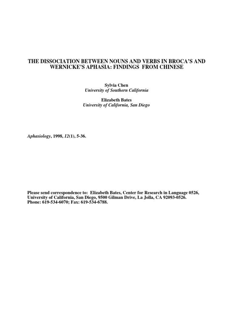 The Dissociation Between Nouns and Verbs in Broca's and Wernicke's ...