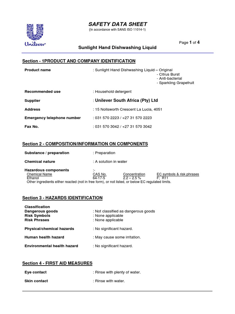 Sunlight Dishwashing LiquidAllupdated 09 PDF PDF Dangerous Goods