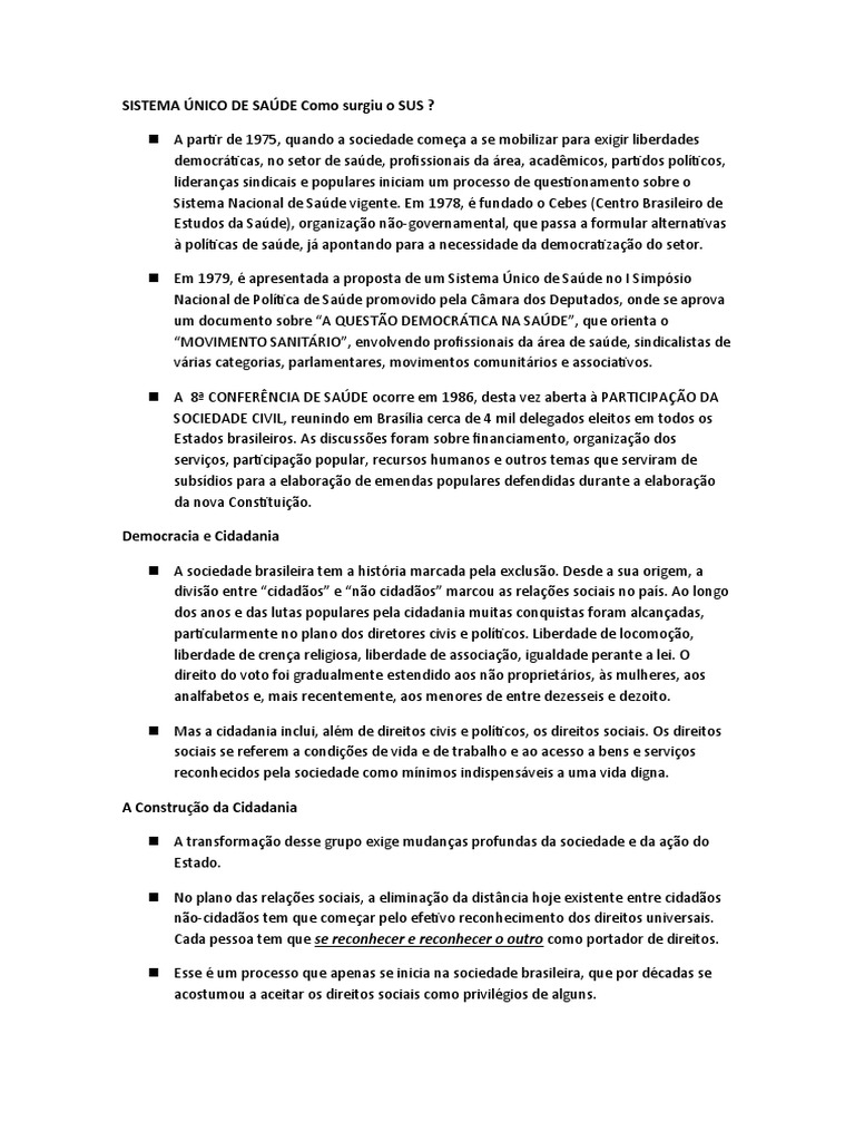 SISTEMA ÚNICO DE SAÚDE Como Surgiu o SUS PDF Promoção de saúde Democracia