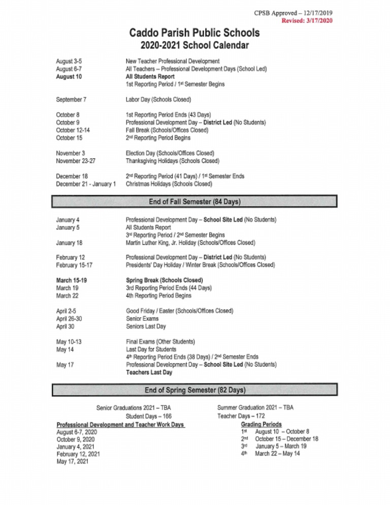Caddo School District calendar for the 2020-21 academic year (last