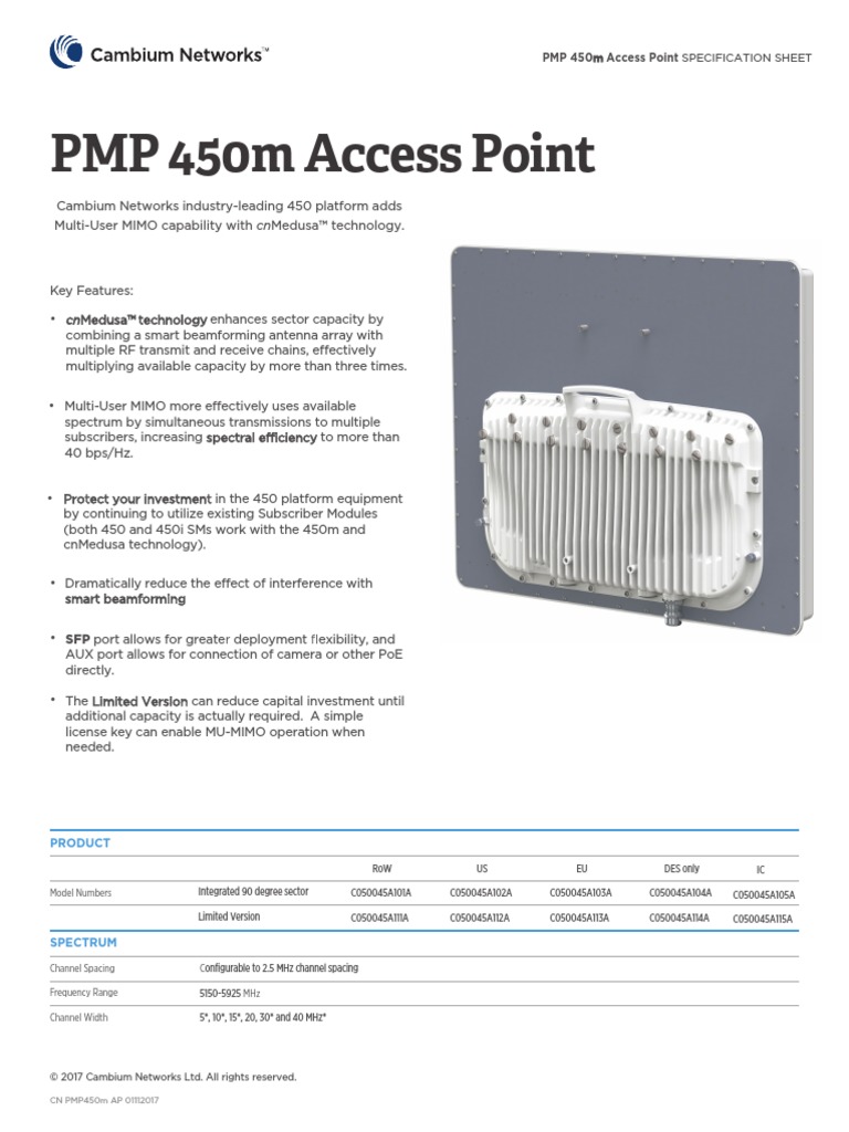 PMP 450m Specs Sheet Jan2017 | PDF | Mimo | Networking Standards