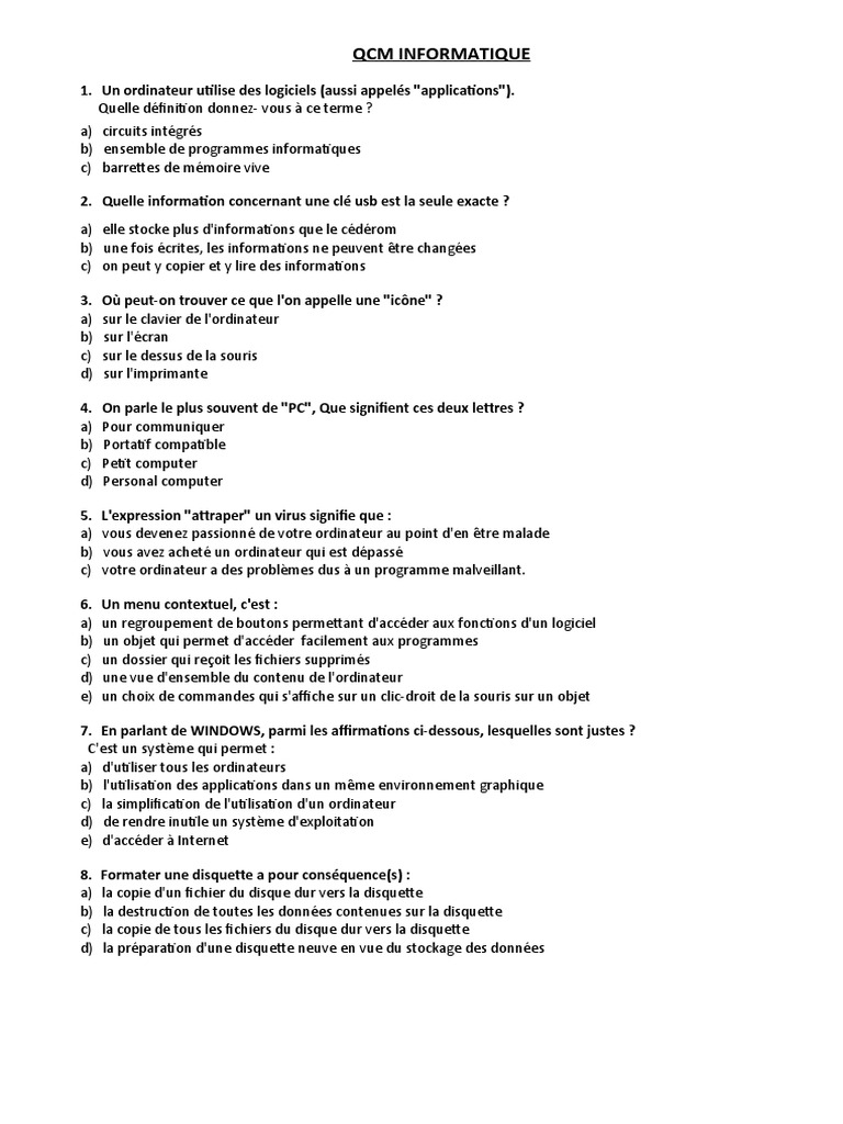 QCM Informatique Débutant Corrigé | PDF | Disquette | Fichier informatique