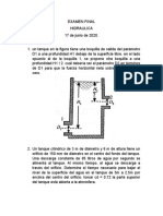 Examen final de Hidráulica: Tanques, orificios y coeficientes