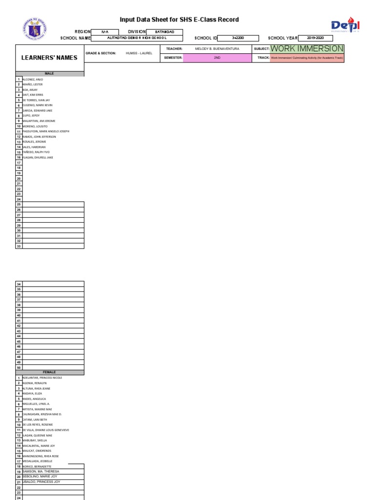 Work immersion input data sheet for shs e class record pdf