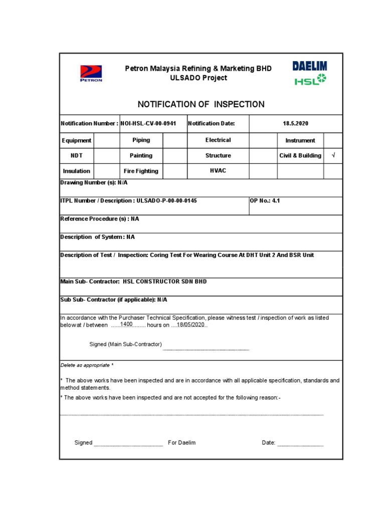 ULSADO Project Inspection Notification | PDF | Technology & Engineering