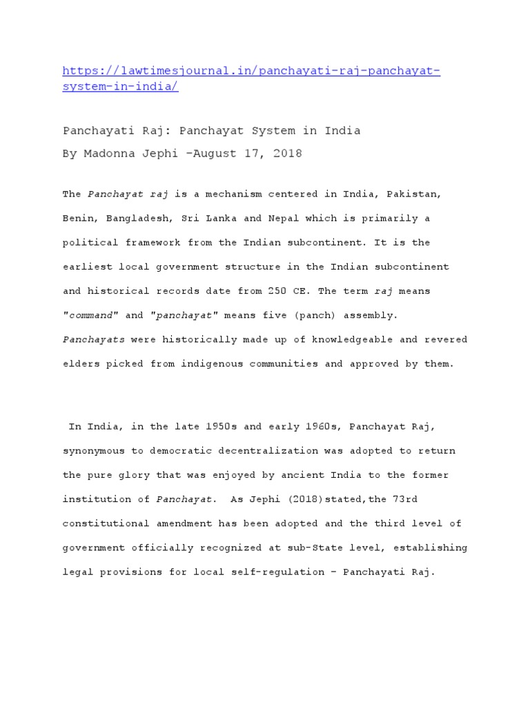 Panchayati Raj Panchayat System in India by Madonna Jephi August 17
