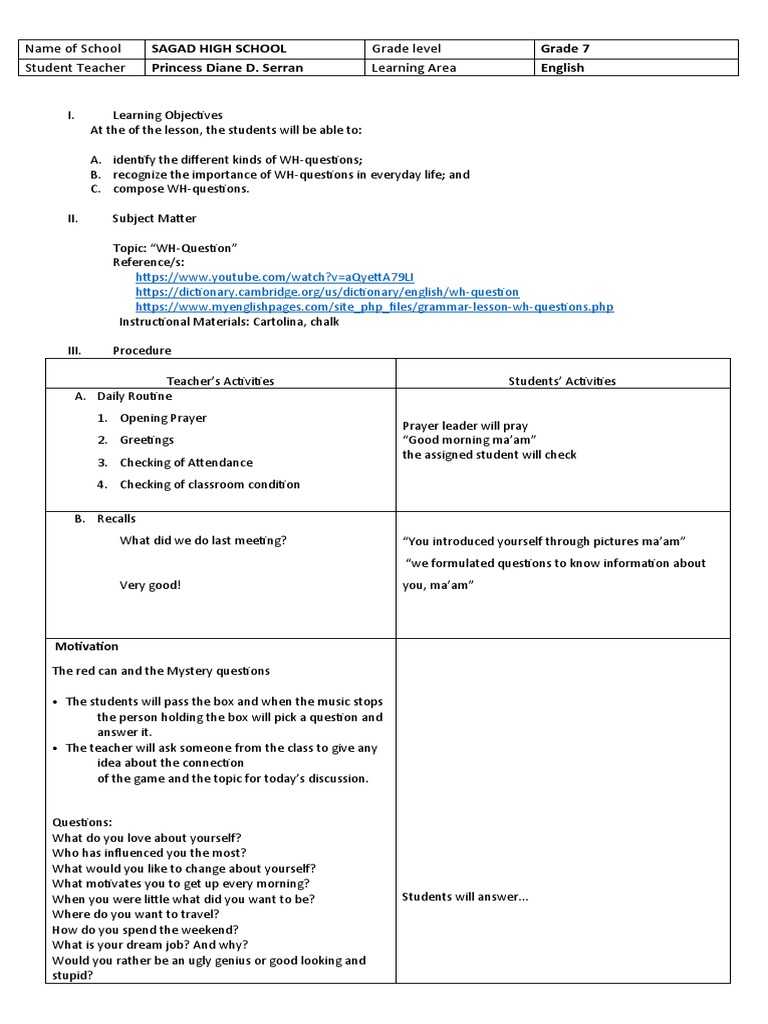 Wh questions lesson plan pdf question lesson plan