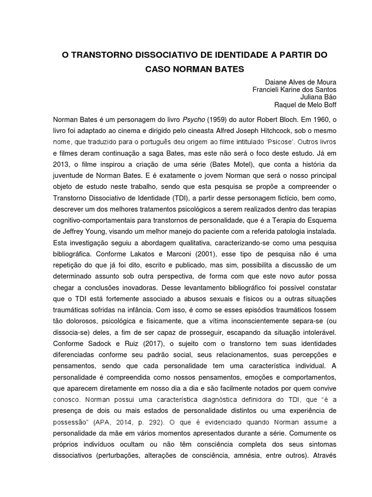 TDI e Norman Bates Uma Análise Clínica PDF Distúrbio mental