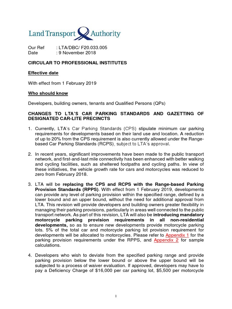 LTA Changes To Ltas Car Parking Standards and Gazetting of Designated
