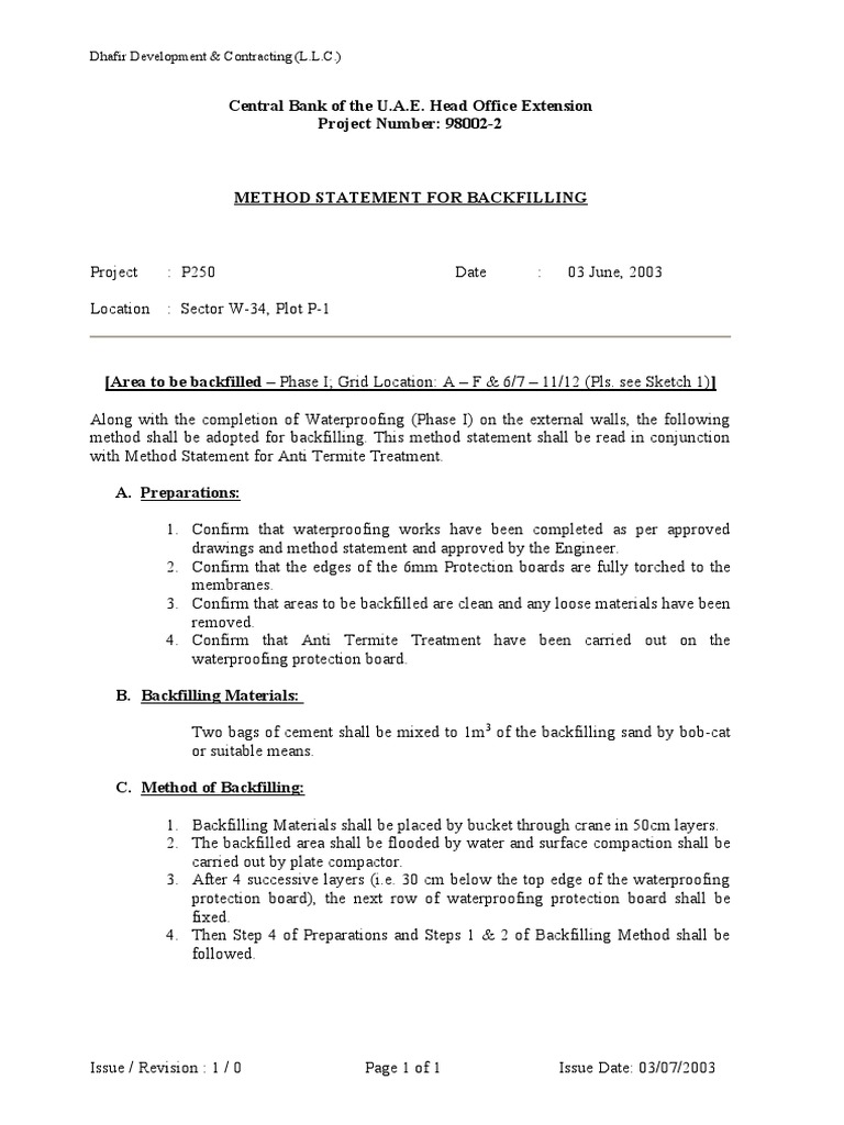 Backfilling Method Statement for U.A.E. Project | PDF
