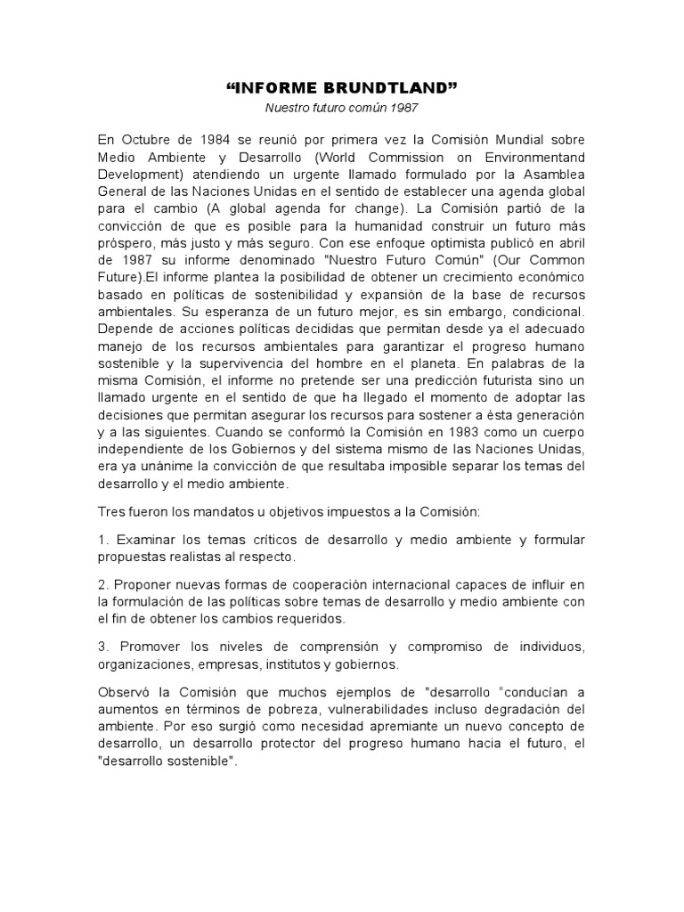 Informe Brundtland | PDF | Desarrollo sostenible | Sustentabilidad