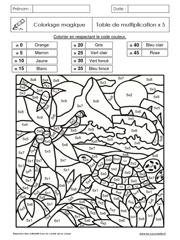 Coloriage Magique Table De Multiplication 4 Coloriage Magique Tortue Table Multiplication x5 PDF | PDF