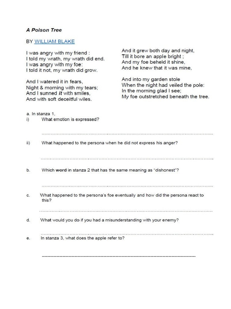 Poison Tree Questions | PDF | Anger