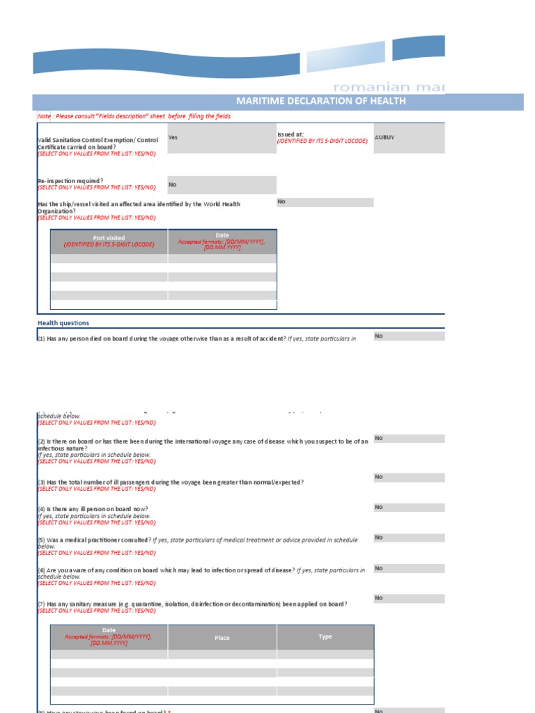 Maritime Declaration of Health Note Please Consult "Fields