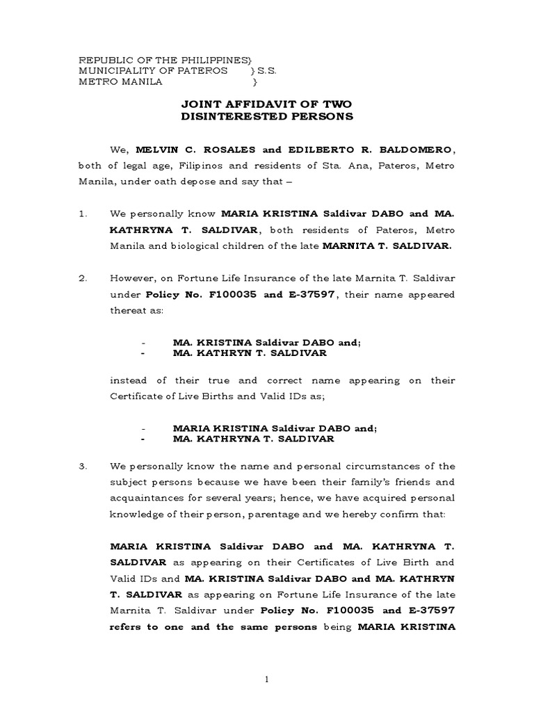 Joint Affidavit of Disinterested Witnesses | PDF | Affidavit | Judiciaries