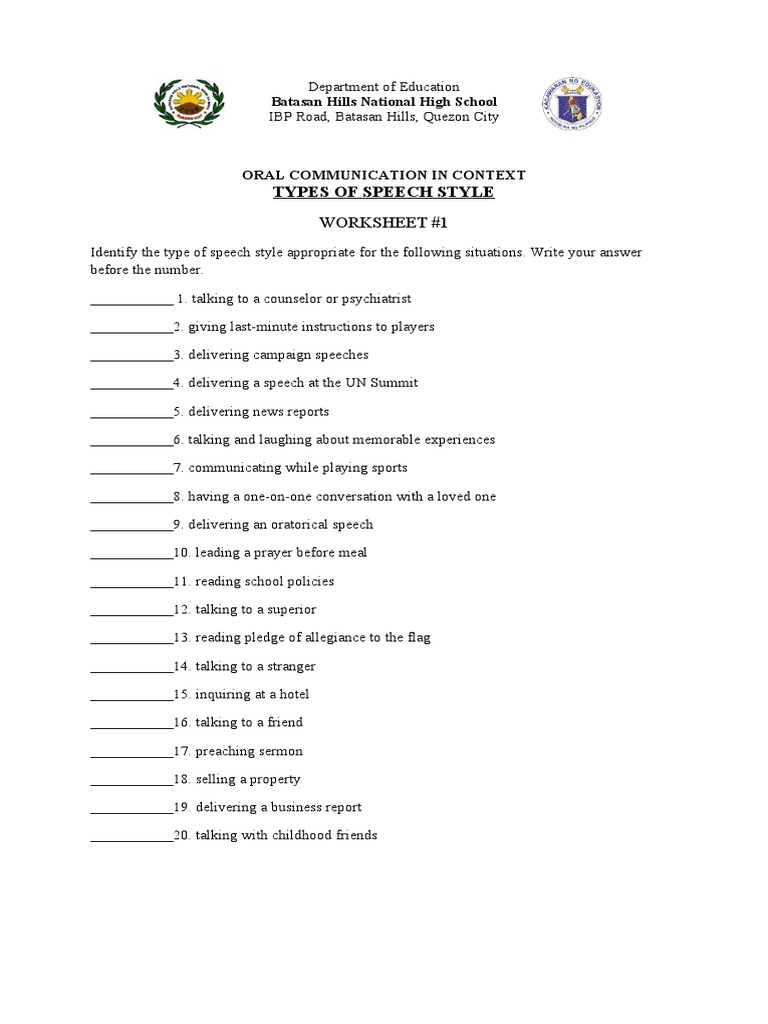 Types of Speech Style Worksheet | PDF