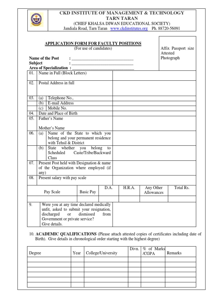 CKD IMT Job Application Proforma PDF Academia Learning
