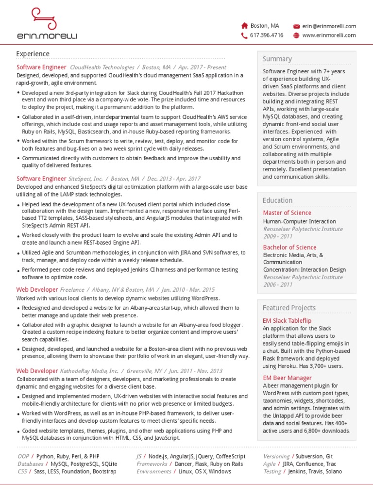 Erin Morelli's Resume PDF Application Programming Interface My Sql