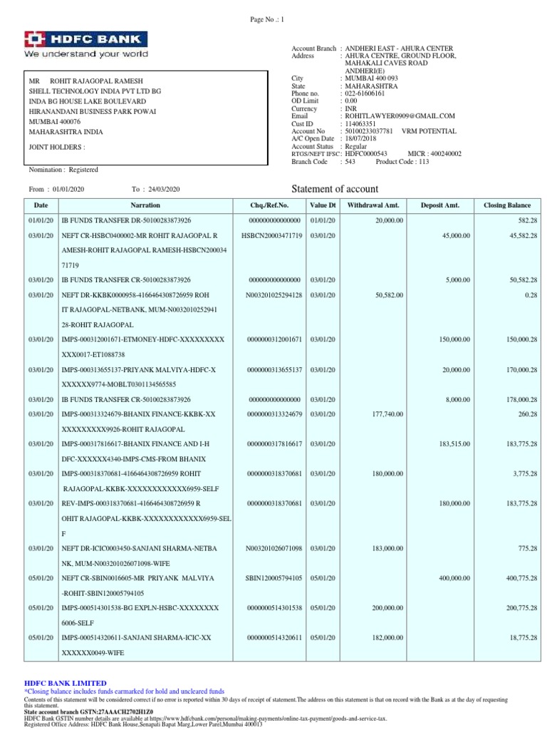 HDFC Bank Statement Overview | PDF | Mumbai | Financial Technology