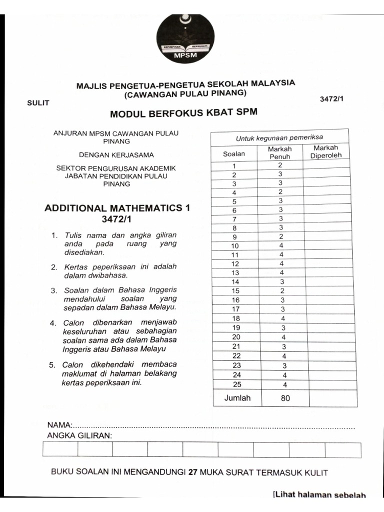 Matematik Tambahan K1 Trial Mpsm Pulau Pinang 2019 Pdf