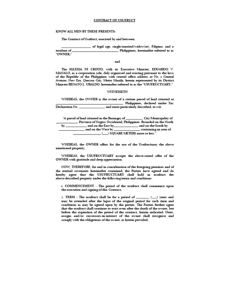 Contract of Usufruct PDF Property Civil Law Law)