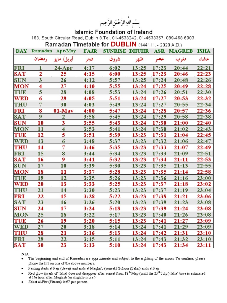 Ramadan Timetable for Dublin Fajr, Sunrise, Dhuhr, Asr, Maghreb, and