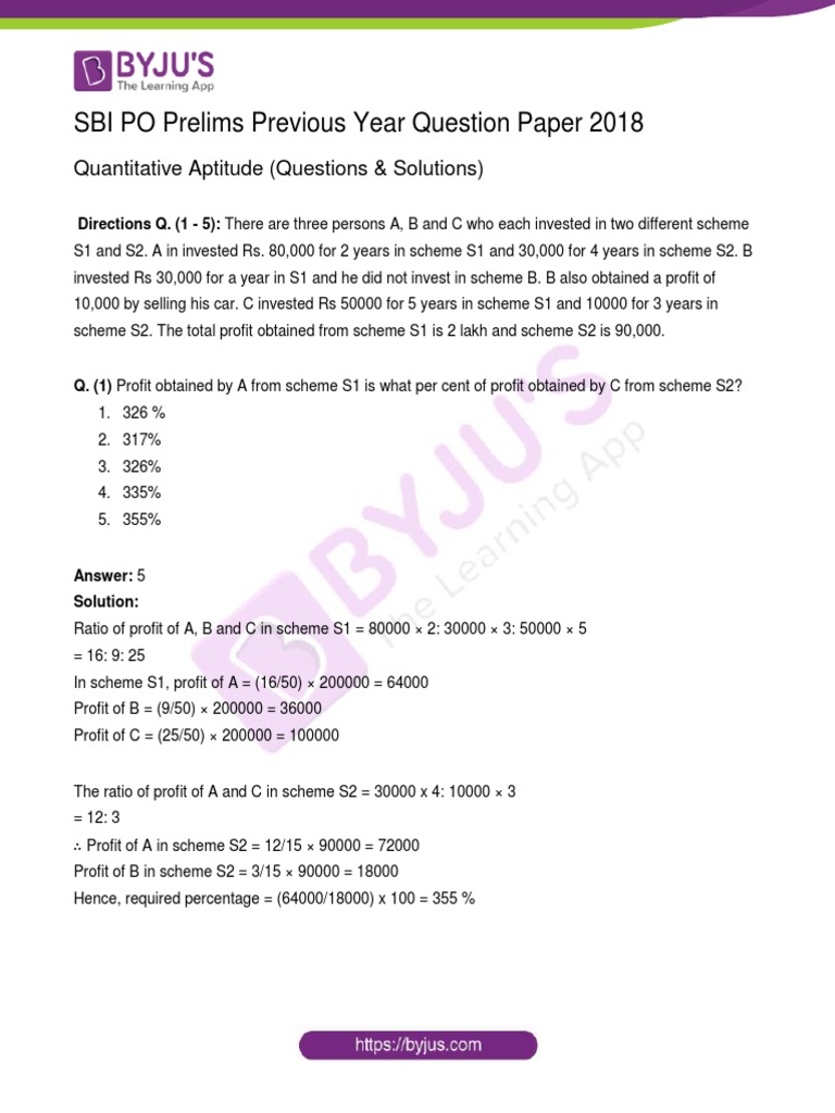 SBI PO Prelims Previous Year Question Paper 2018: Quantitative Aptitude ...