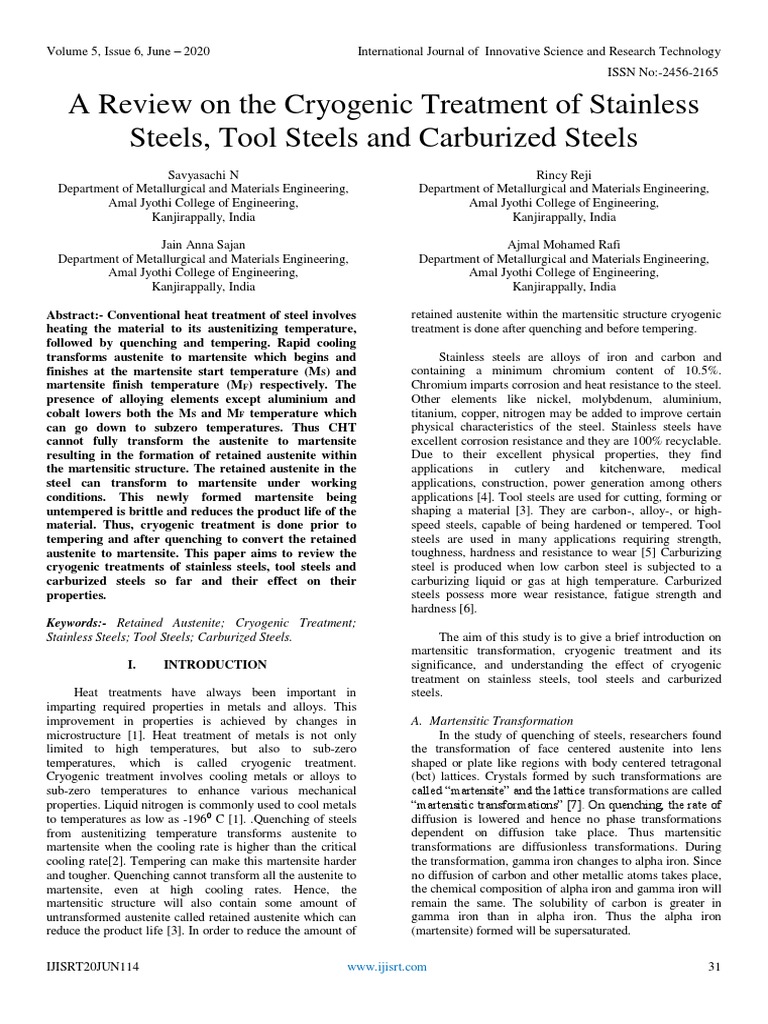 A Review On The Cryogenic Treatment of Stainless Steels, Tool Steels ...