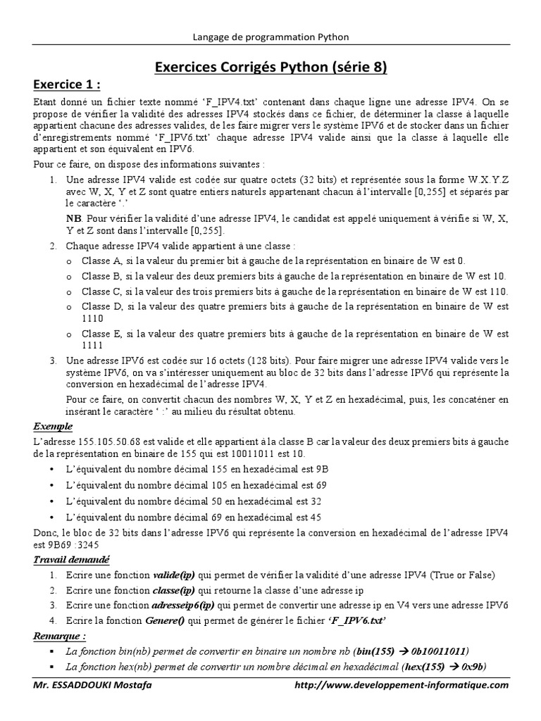Exercices Corrigés de Python | PDF | I Pv6 | Adresse IP