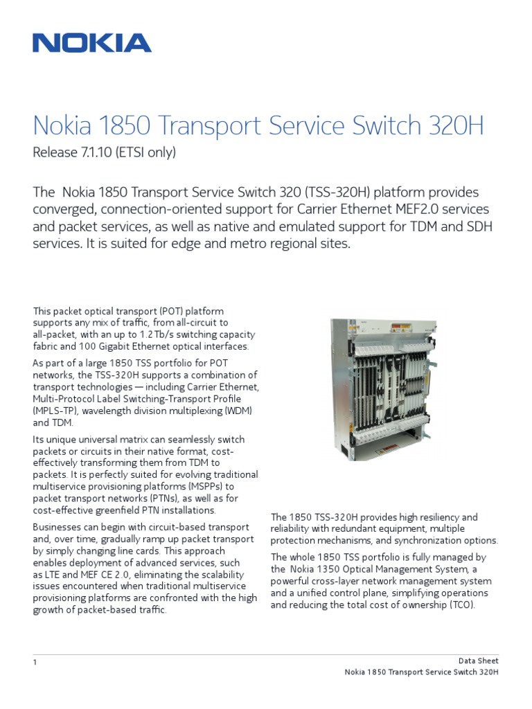 1 Data Sheet Nokia 1850 Transport Service Switch 320H | PDF | Computer ...