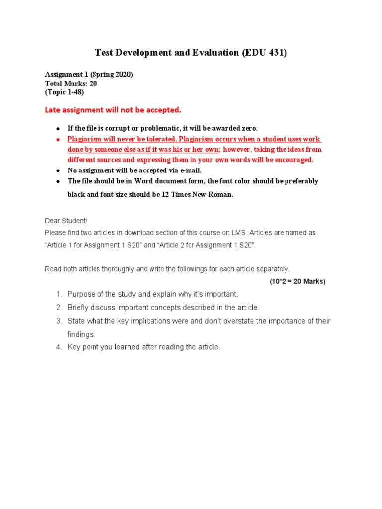 Test Development and Evaluation (EDU 431) : Late Assignment Will Not Be ...