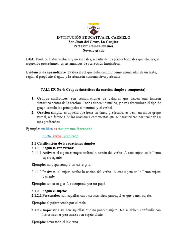 Taller de Oraciones: Guía y Ejercicios | PDF | Asunto (gramática) | Verbo
