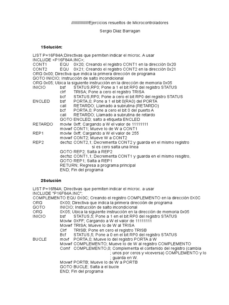 Ejercicios de programación PIC 16F84A | PDF | Poco | Equipo de oficina