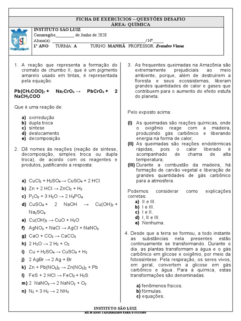 Exercícios Química 1 Reações | PDF | Reações químicas | Combustão