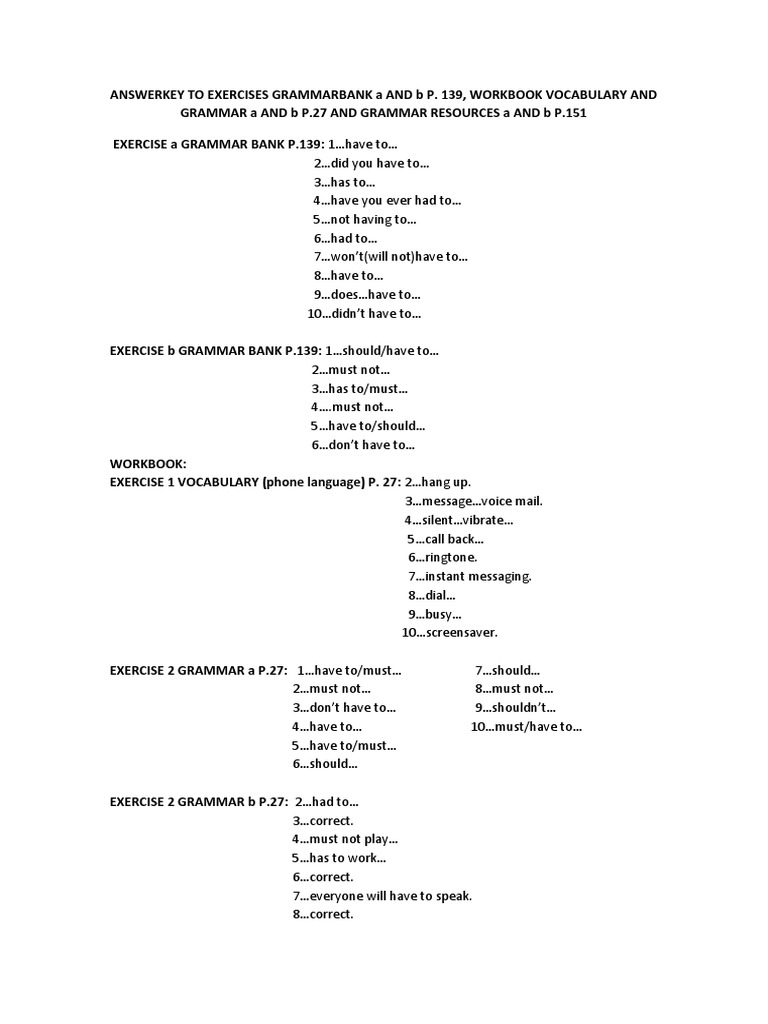 Answerkey To Exercises Grammarbank A And B P Pdf Telephony Communication